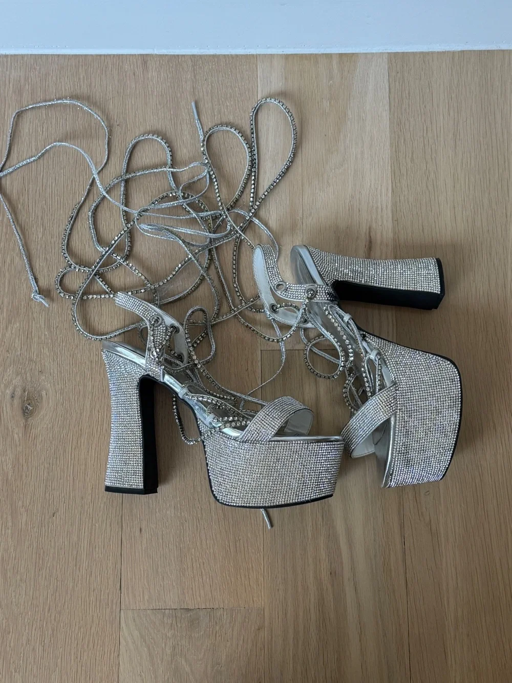 Dolls Kill Silver Rhinestone Platform Lace-Up Heels